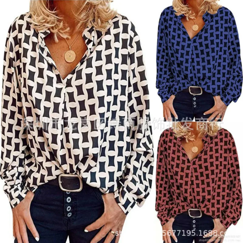 Women's Shirt Autumn Temperament Stand Collar Geometric Print Loose Pullover Long Sleeve Lady Casual Shirts Women's Top