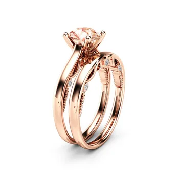 

2PCS/Set Exquisite Women's Round Champagne Color Inlaid Crystal Bridal Engagement Wedding Ring Banquet Anniversary Ring Set