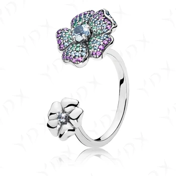 

YinDX 925 sterling silver ring shiny flower charm gradient opening European women's wedding ring gift fine jewelry