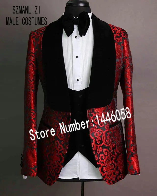 2019 Black Velvet Lapel Mens Suits Red Groomsmen 3 Pieces Tuxedos Costume Slim fit Formal Prom Party Men Wedding Groom Suits beige men suit slim fit wedding 2 pieces double breasted notched lapel tuxedo for groomsmen suits men 2019 jacket pant