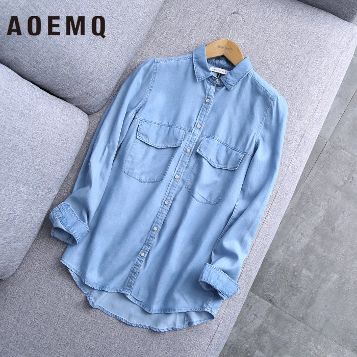 

AOEMQ Fashion Blouse Denim Blue Women Tops Casual 100% Cotton Long Beach Shirts with Pocket Blouse&Jacket Women Clothing