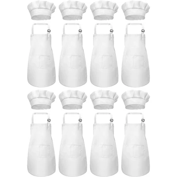 

8-Piece Children's Apron and 8-Piece Chef Hat Set with 2 Pockets, Adjustable Size