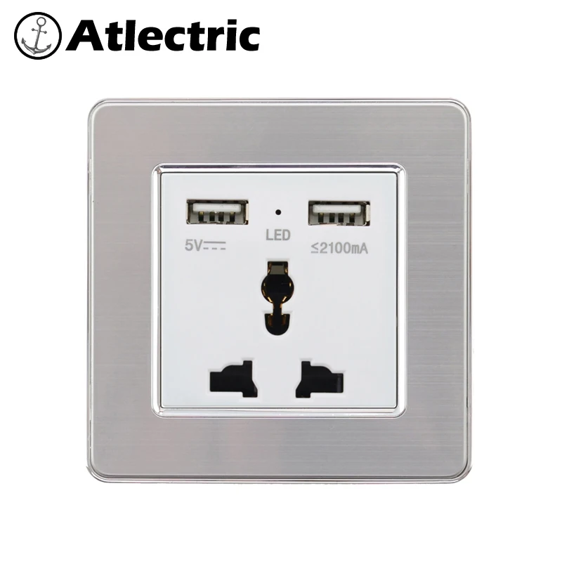 Atlectric универсальная Сетевая розетка с двойным usb-портом, панель из нержавеющей стали, настенная розетка, адаптер питания, розетка