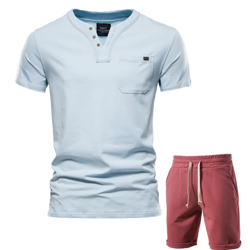 Men Clothing Shorts T-Shirts NEGIZBER Mens-Sets Top-Quality Casual Summer V-Neck Solid