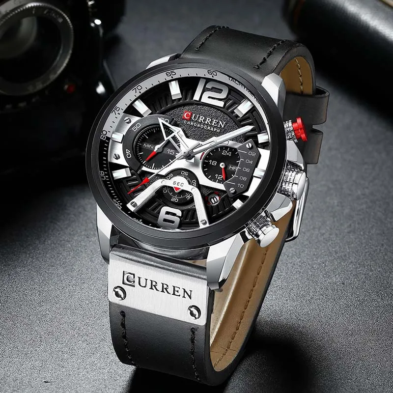 Curren Мужские часы Топ бренд класса люкс хронограф мужские часы Кожа Роскошные водонепроницаемые спортивные часы Мужские наручные часы - Цвет: Black Silver White