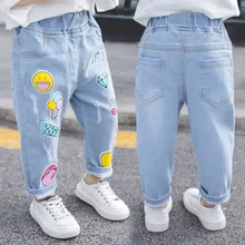 Джинсы для девочек; стиль; весенняя одежда; коллекция года; Детские трендовые длинные штаны в Корейском стиле с принтом смайлика