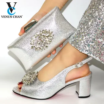 

2020 Silver Sweet Style Italian Women Shoes And Bag To Match Set African High Heels Party Shoes And Bag Set For Wedding Dress