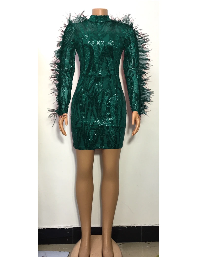 Feather Sequin Bodycon Dress Women 