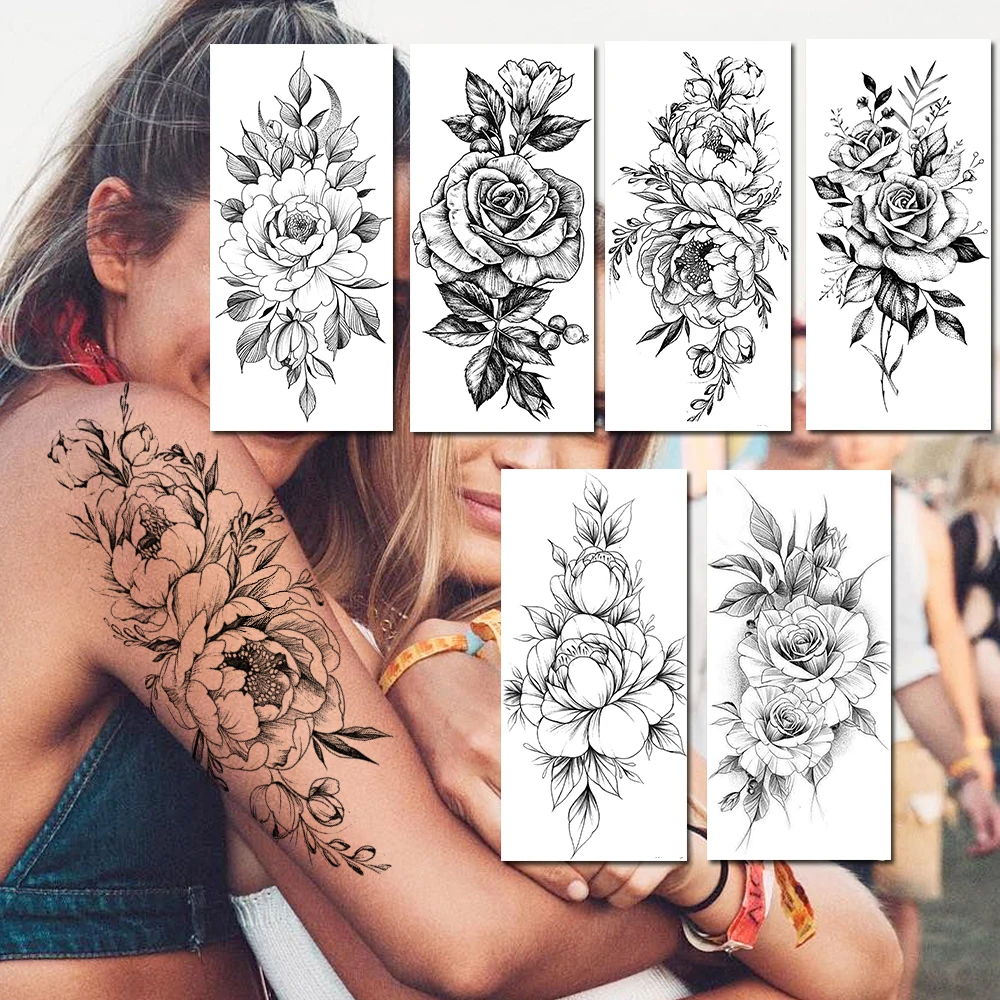 

Black Rose Temporary Tattoos For Women Sexy Realistic Fake Waterproof Tatoos Sticker Beautiful Rose Lotus DIY Body Art Arm Tatoo