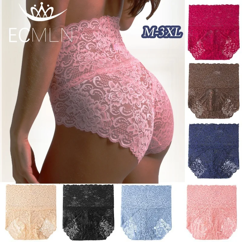 1Pc Fashion Women High Waist Plus Size Panties Lace Mesh Floral Transparent Briefs Underwear Solid Seamless Underpants Lingerie