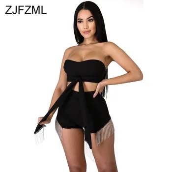 

Tassels Rhinestone Sext Two Piece Shorts Set Women Strapless Backless Lace Up Crop Top + High Waist Bodycon Shorts Club Outfits