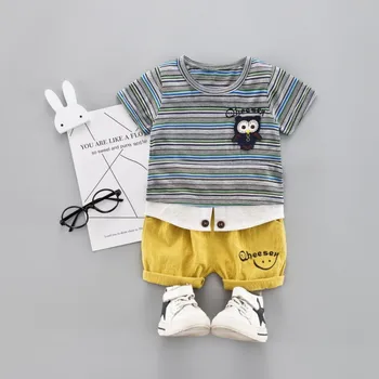 

2019 Summer Children Baby Boys Clothes Set Short Sleeve Cartoon Print Stripe T-shirt Tops+Shorts Costume Set Cloths1