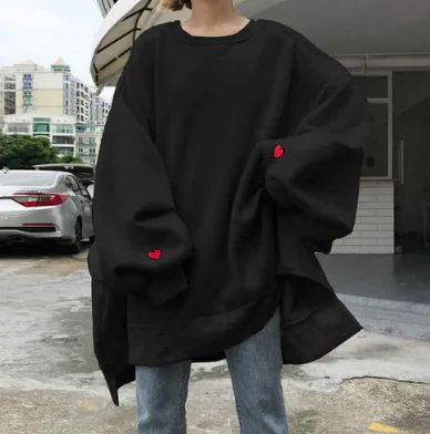 Женские толстовки Harajuku, большие размеры, трендовые однотонные женские пуловеры с круглым вырезом, студенческие Длинные Стильные женские свитшоты с длинным рукавом - Цвет: Черный