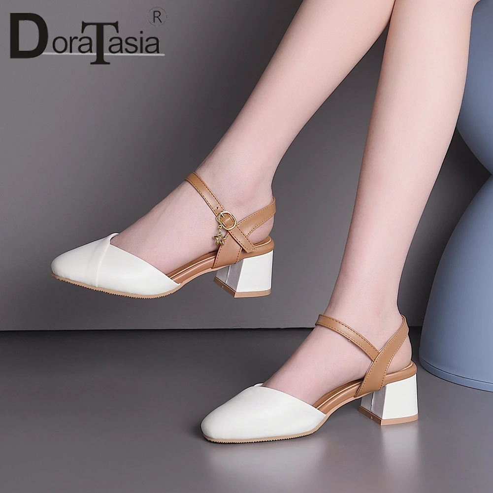 

DORATASIA Elegant Lady Summer Sandals Mixed Color Sandals Women Round Toe Buckle Strap Metal Square Heel Shoes Woman