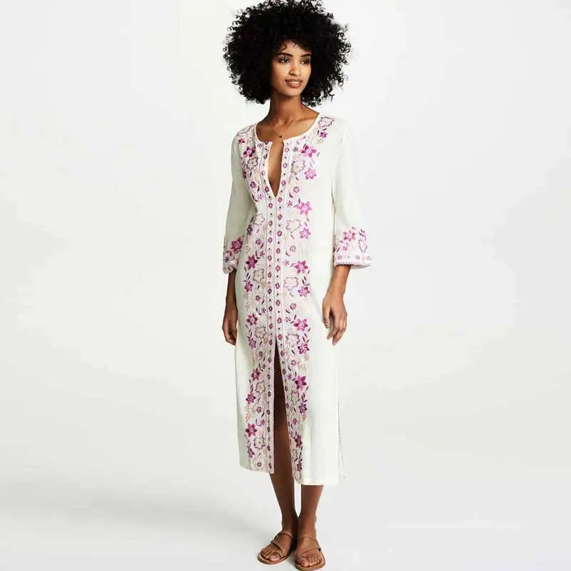 Богемный Вдохновленный цветочной вышивкой длинное платье Бохо с разрезом по