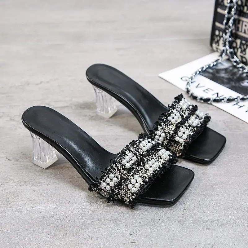

Женские босоножки на высоком прозрачном каблуке, с квадратным носком, на шнурке, с бусинами, роскошные вечерние босоножки большого размера 44, для лета