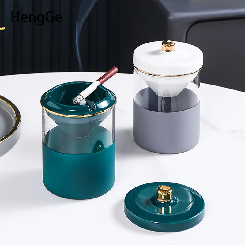 

Creative Funnel Ashtray with Ceramic Cover Office Anti-fly Ash Glass Portable Ashtray Ceramics Smoke Holder Golden Stroke Modern