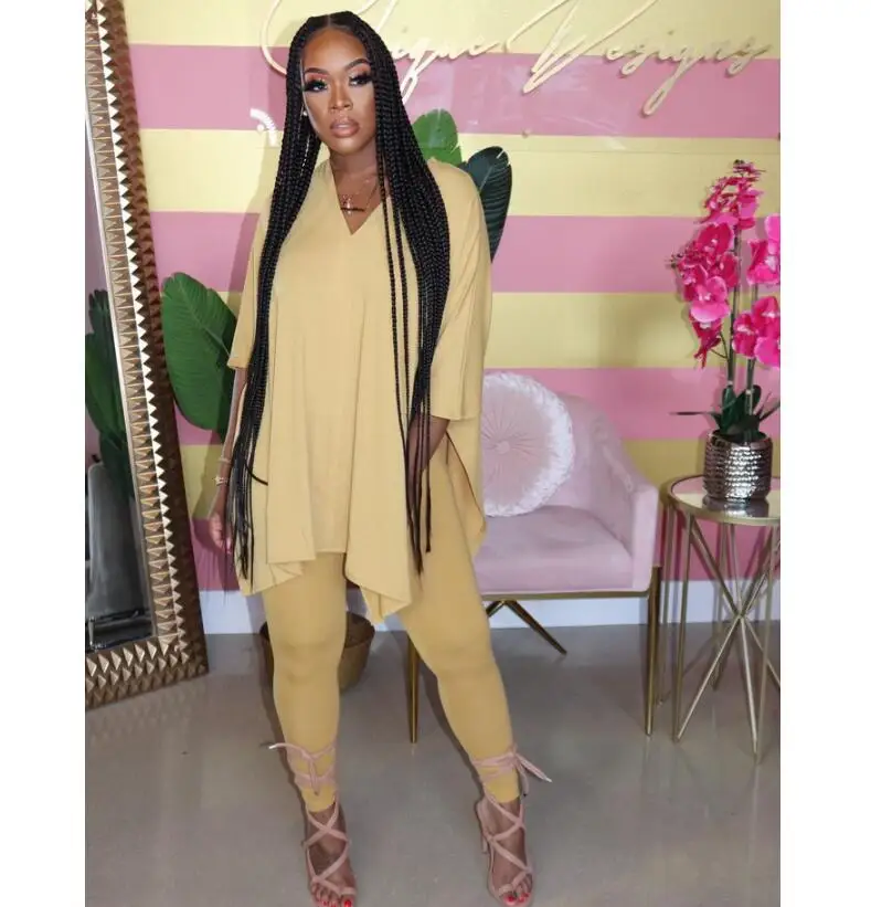 

Women Sport Two Piece Set V-neck Side Split T-shirt Leggings Pants Jogger Sweatpants Suit Tracksuit Matching Set Outfits solid