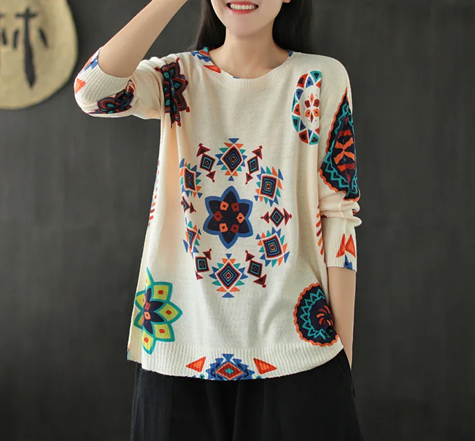 2020 Women Knitting Sweater Autumn Loose Retro All-match Tops Female New Print Pattern Casual | Женская одежда