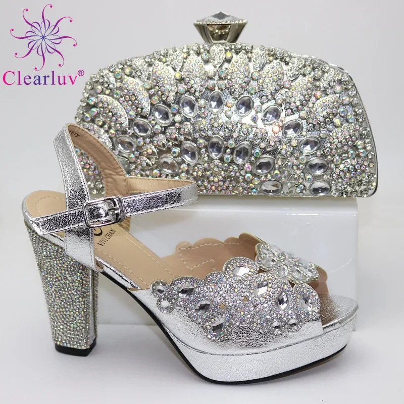 

Silver African Fashion Rhinestone Woman Shoes And Bag Set For Wedding Latest Italian Sandals Shoes And Matching Bag Set