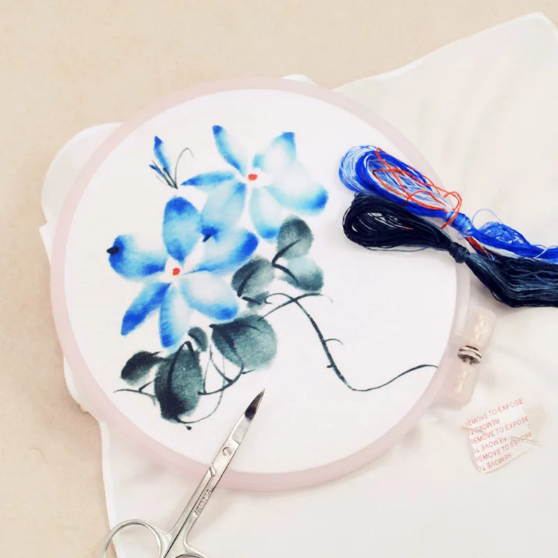 

DIY Chinese Silk Suzhou Embroidery Kit with Hoop Flower Printed Pattern Needlework Kit Handkerchief Handmade Sewing Art Craft