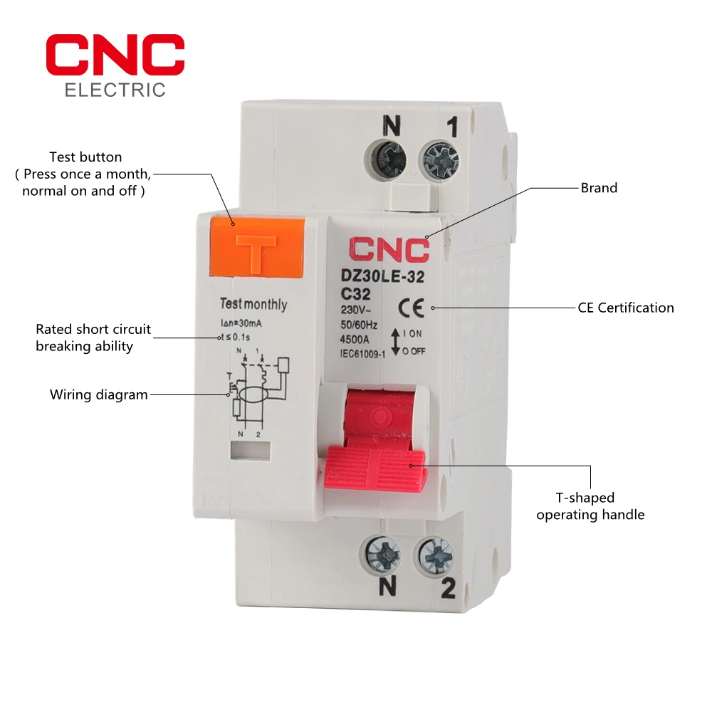 CNC DZ30LE-32 MCB 230V 1P+N 잔류 전류 회로 차단기(과전류 및 단락 전류 누설 보호 기능 포함) RCBO