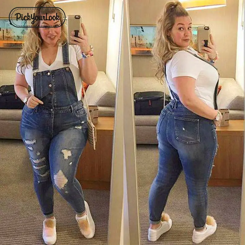Comprar Pickyourlook Mujer Plus tamaño mono Denim azul correa de moda dama mono vestido de gran tamaño de cuerpo de mujer monos cortos