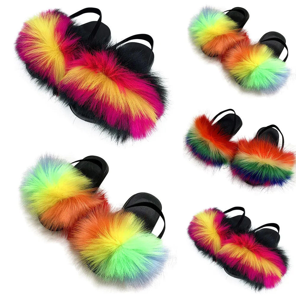

Kids Fox Slippers Fur Fluffy Rainbow Slider Outdoor Home Cute Plush Girls Shoes Children Non-slip Casual Flat Sandals