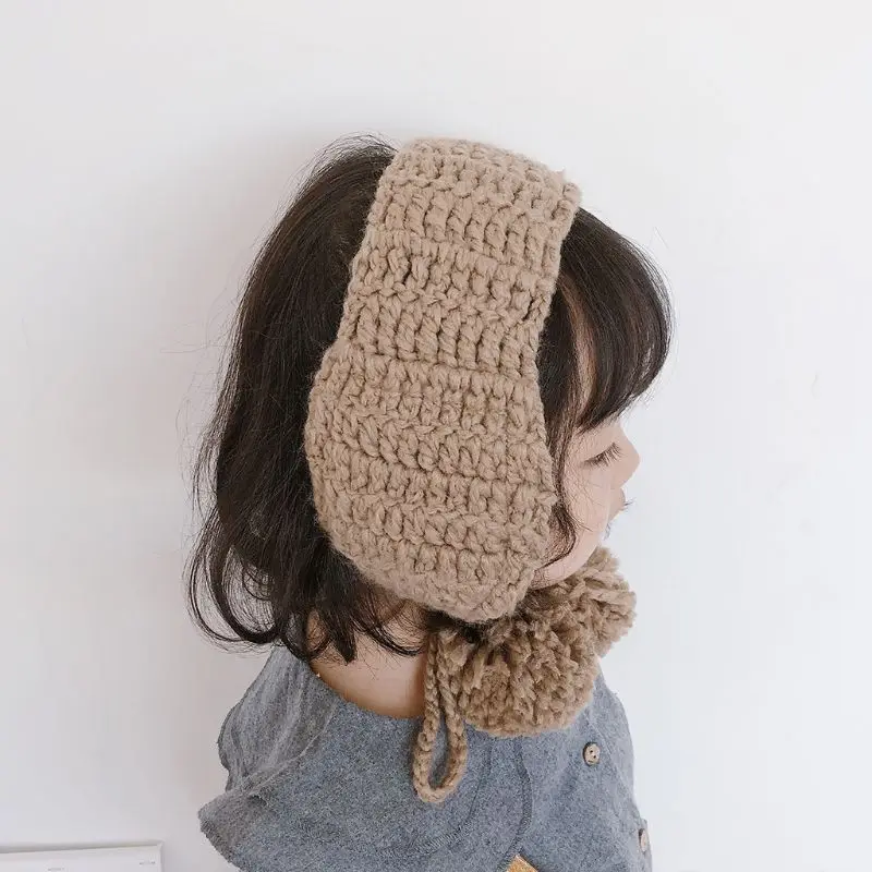 Children Girls Boys Crochet Knit Winter Hat Thicken Plush Lining Earmuff Solid Color Cute Pompom Ball Ear Warmer with Chin Strap