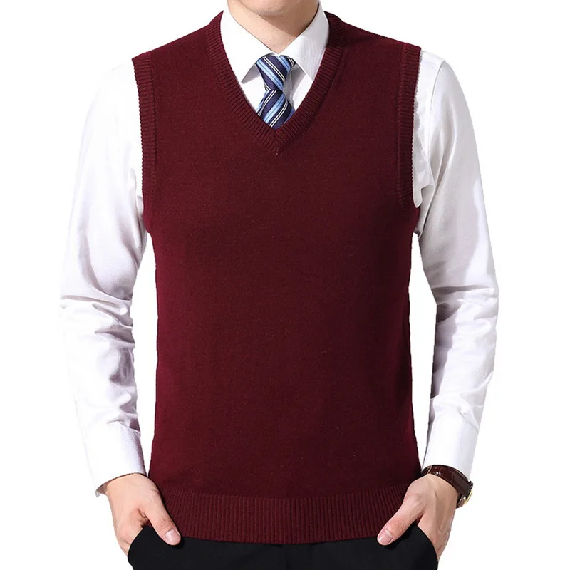 wine red CYSINCOS Новое поступление Одноцветный свитер жилет мужской кашемировый свитер шерстяной пуловер для мужчин бренд с v-образным вырезом без рукавов Джерси Hombre - Цвет: wine red