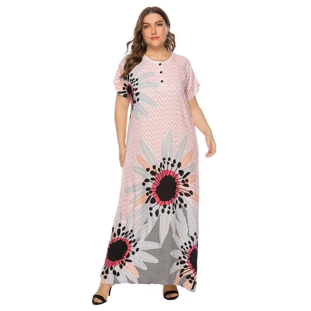 

2019 Plus Size Tribal Floral Print Boho Dress Women Summer Tunic Short Sleeve Straight Shift Geometric Maxi Dresses VKDR1607