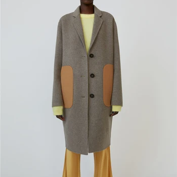 

Autumn Winter Womens Woolen Coat Loose Fashion Color Patchwork Large Pockets Mid-length Jacket Female Warm Outwear Top