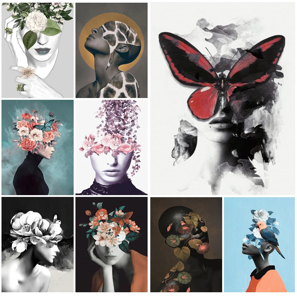 

Abstract Flower Girl Home Decor Butterfly Woman Nordic Poster Wall Art Canvas Painting Wall Pictures For Living Room Unframed