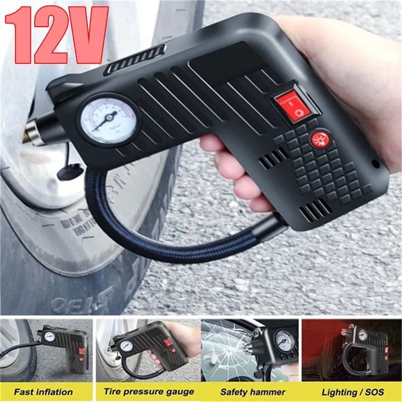 

12V Portable Air Tire Inflator Pump LED Safety Hammer Air Compressor Pump For Motorcycle Car Bicycle Tires Balls
