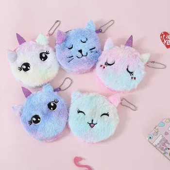 

1 Pcs Kawaii Plush Unicorn Coin Purse Cat Fur Circle Wallet Girl Embroidered Bag Key Earphone Organizer Pouch Gift Stationery