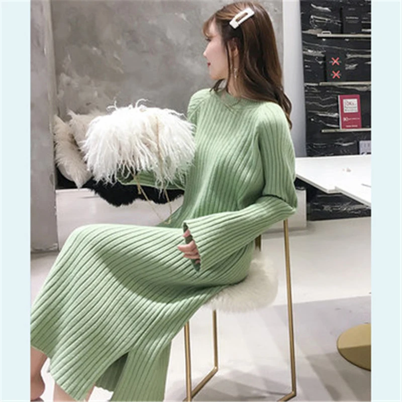 green Модное Повседневное платье размера плюс, розовое, с круглым вырезом, свободное, прямое, трикотажное платье, зима, с разрезом, теплое, длинное, зимнее, базовое платье-свитер, 3XL - Цвет: green