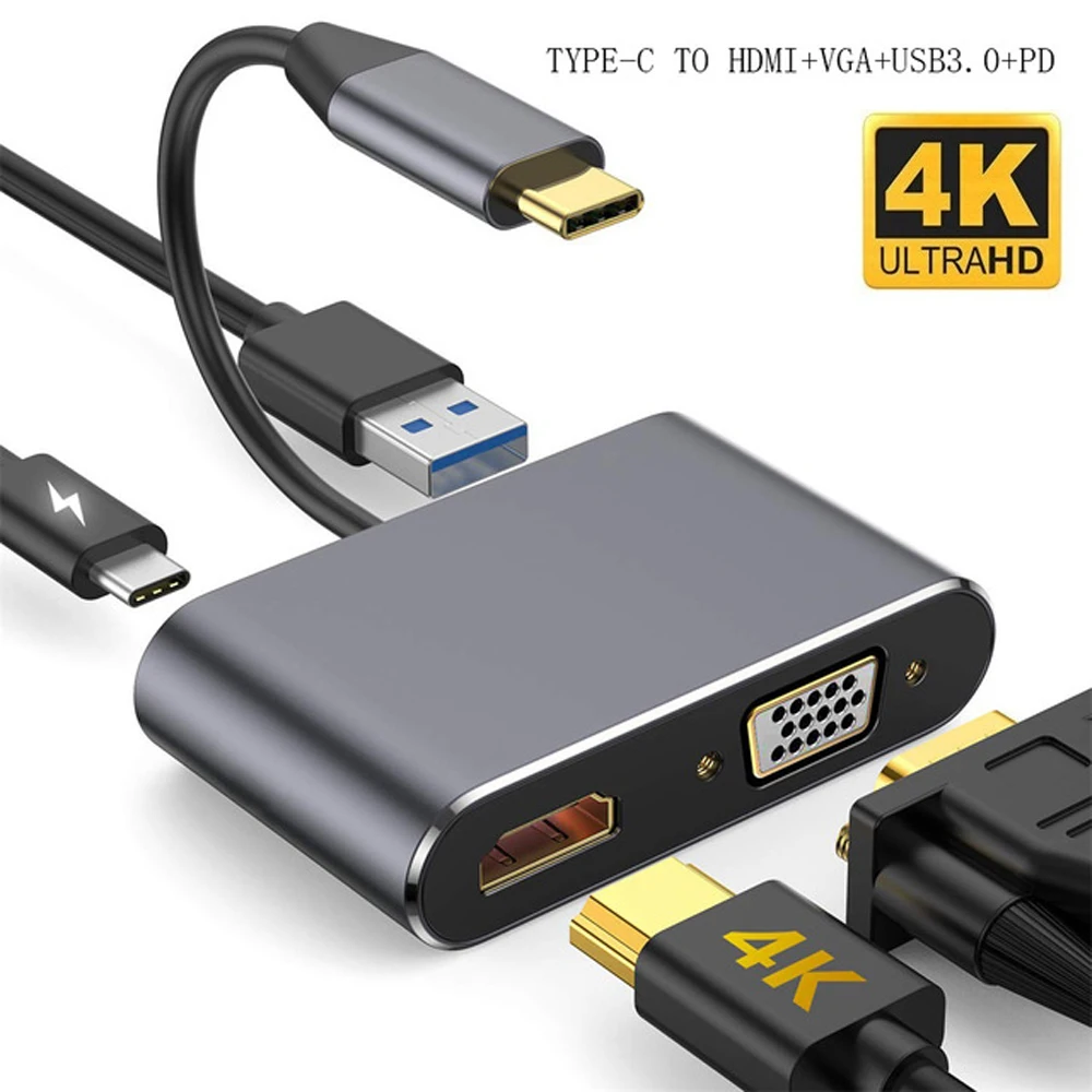 

4in1 Type C USB 3.1 to 4K 60FPS HDMI PD Charging VGA Video USB 3.0 Hub Adapter for Macbook iPad Pro Switch Laptop PS4