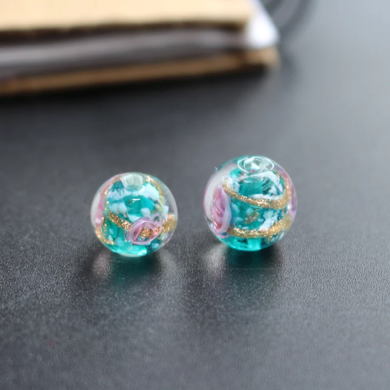 10Pcs 10mm 12mm Handmade Lampwork Glass Flower Beads With Gold Powder Teal Green for jewelry making Wholesale and Retail | Украшения и