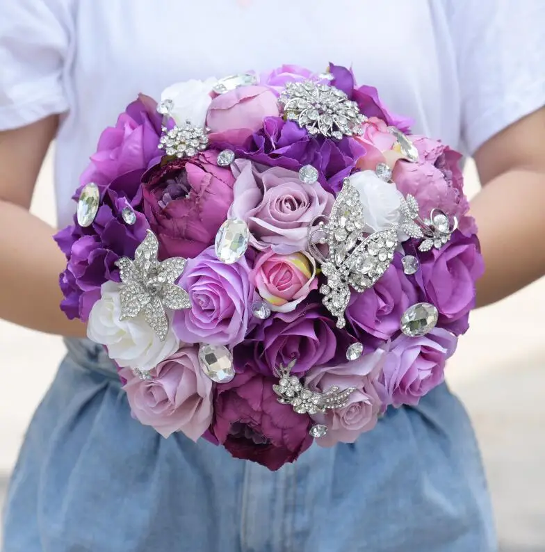 Bridal Bouquet JaneVini фиолетовый Кристальный Свадебный букет Искусственный Пион Роза Букет невесты бабочка ювелирные изделия Свадебные букеты - Цвет: Bridal Bouquet