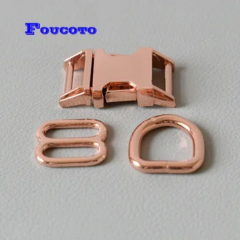 

100 sets rose gold metal release buckle D rings adjustable buckle slider hardware 15mm webbing for dog collar sewing accessories