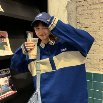 

Polo Neck Knit Sweater Women Embroidery Pullover Casual Preppy Style Knitwear Embroidery Patch Pullovers