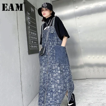 

[EAM] Women Blue Vent Letter Printed Denim Strapless Dress New Sleeveless Loose Fit Fashion Tide Spring Autumn 2020 1T158