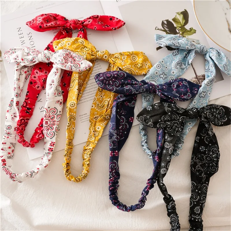 Женские цветные винтажные ободки с кроличьими ушками, модная повязка на голову с бантом для девочек, тюрбан с узлом, повязка на голову, аксессуары для волос для девочек