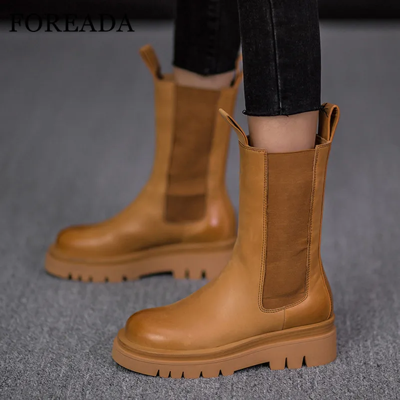 

FOREADA Natural Genuine Leather Chelsea Boots Woman Platform High Heel Ankle Boots Block Heel Short Boots Ladies Shoes Brown 43