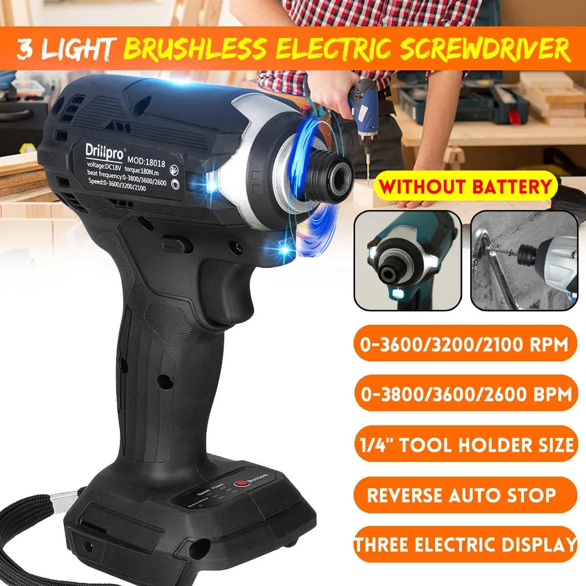 18V Cordless Electric Screwdriver 1/4 inch Brushless Impact Wrench Rechargable Drill Driver+ 3 LED Light For Makita Battery