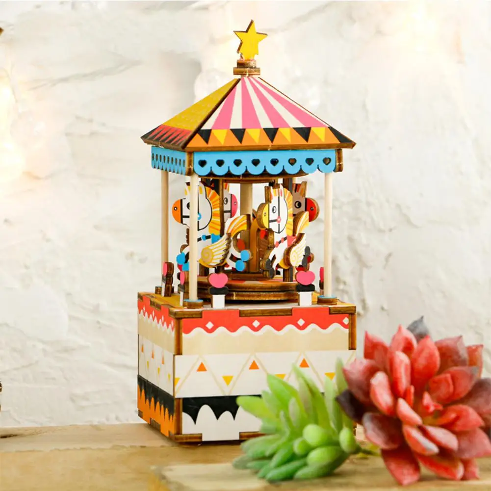 

None DIY Jigsaw Puzzle Hand-made Wooden Music Box Carousel Box Home Decoration Christmas Gift