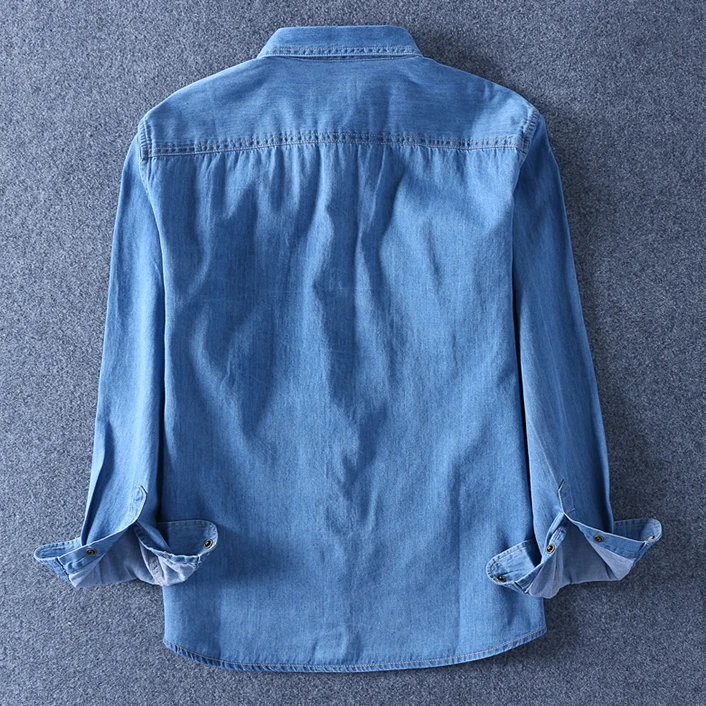 Denim shirt Men long sleeve soft cotton double pockets slim slight elastic jeans tops