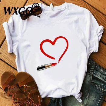 

Vogue T-Shirt Cotton White Red Lipstick Heart T-Shirt Women Tops Summer Super Soft Casual Lady Tops tees Hand Drawing Art Tshirt
