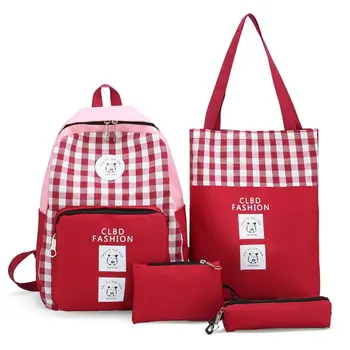 

4pcs Women Canvas Plaid Backpack Student School Bag Large Capacity Travel Daypack Set for Teenagers Girls LX9F