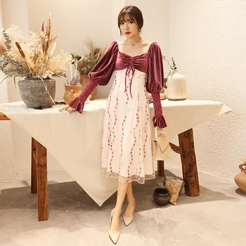 

YIGELILA New Arrivals Patchwork Dress Square Collar Vintage With Bandage Dress Flare Sleeves Embroidery Dress 65444